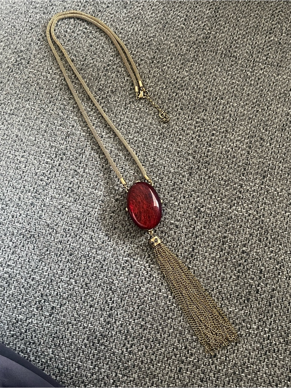 Gold Chain Necklace with Red Oval Pendant and Tassel